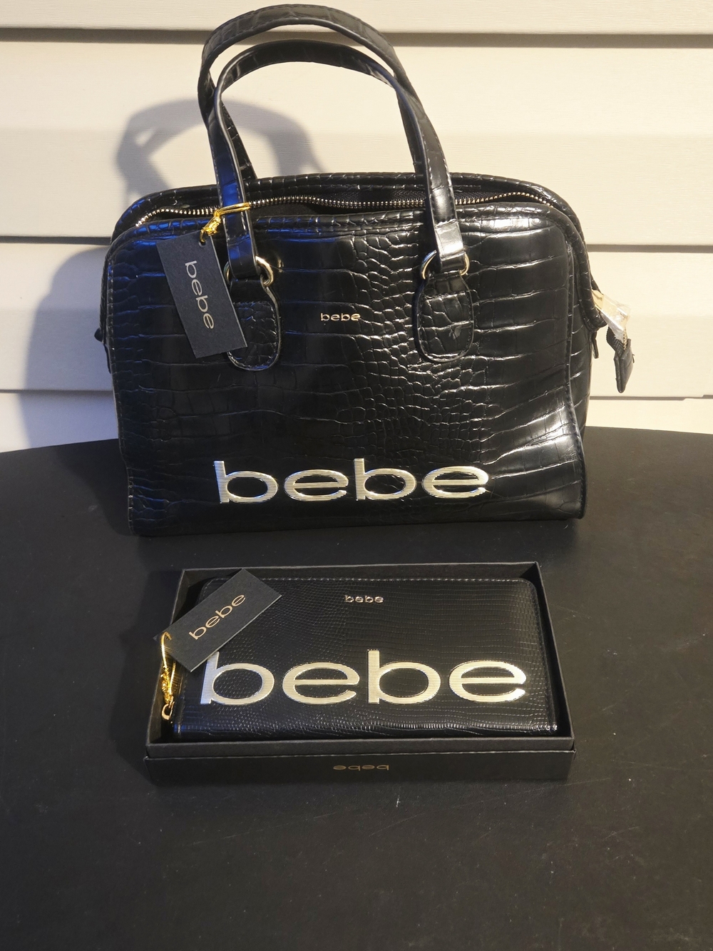 bebe Black Croc-Embossed Satchel with Matching Wallet